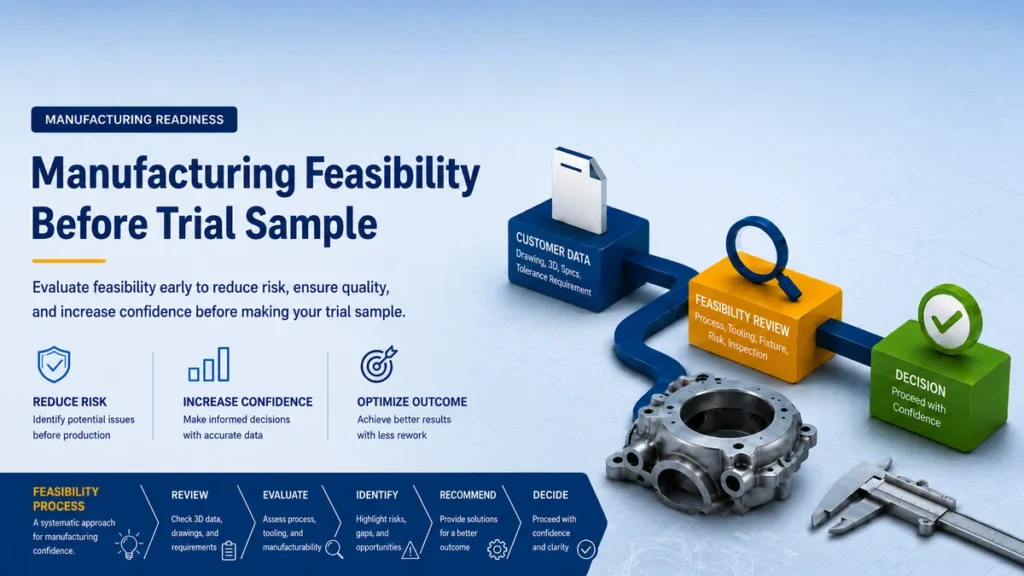 Diagram manufacturing feasibility sebelum trial sample dari customer data hingga keputusan produksi