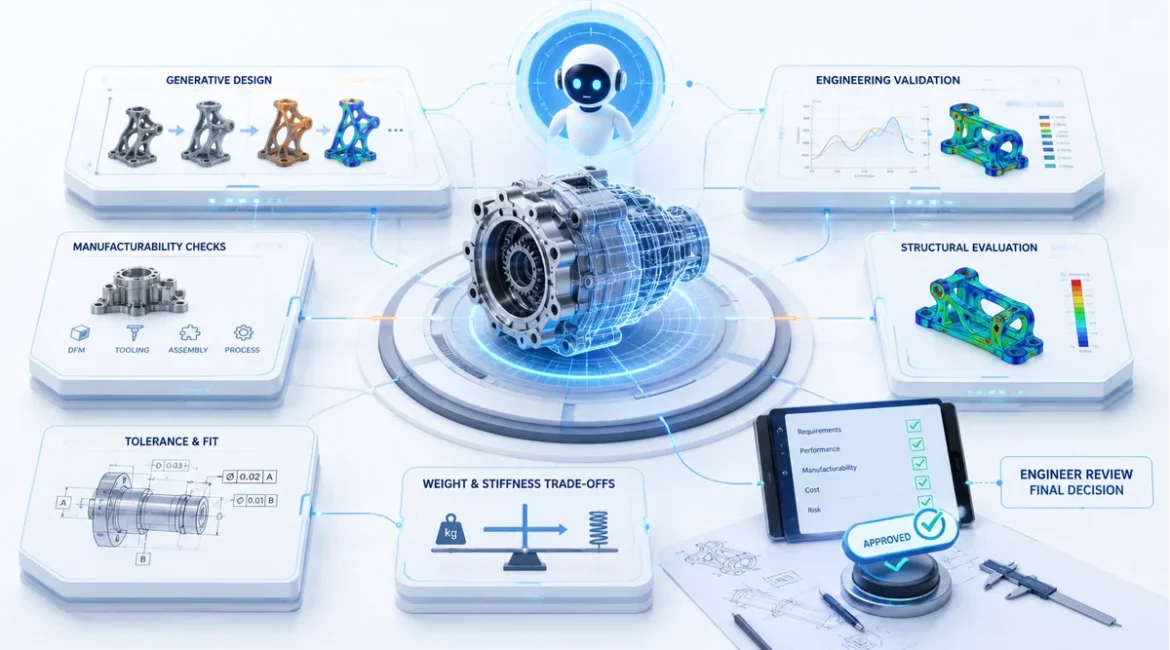 Ilustrasi Industrial AI yang mendukung engineering design, Virtual Twin, generative design, dan validasi di CATIA.